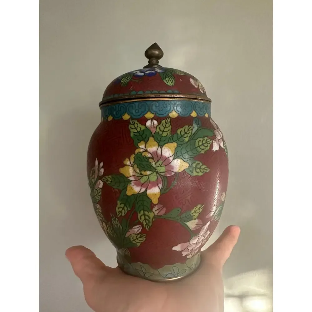 Vintage Chinese Cloisonné Enamel Ginger Jar Flowers  8” rust blue turquoise